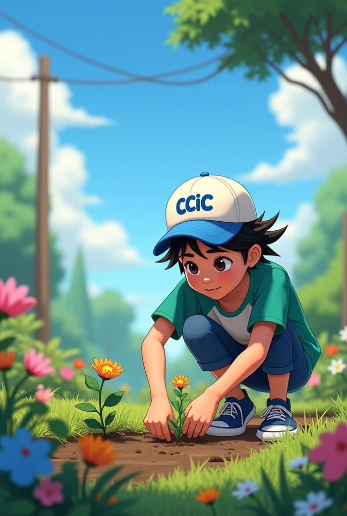 You can make an animation, like a teenager who has the CCIC logo with a CCIC cap but the cap has blue letters and the colors blue, green and white so that he looks careful in the gardens, that he comes out crouching planting several flowers to place in an advertising art, This is perfect but can you make the logo like this?: CCIC