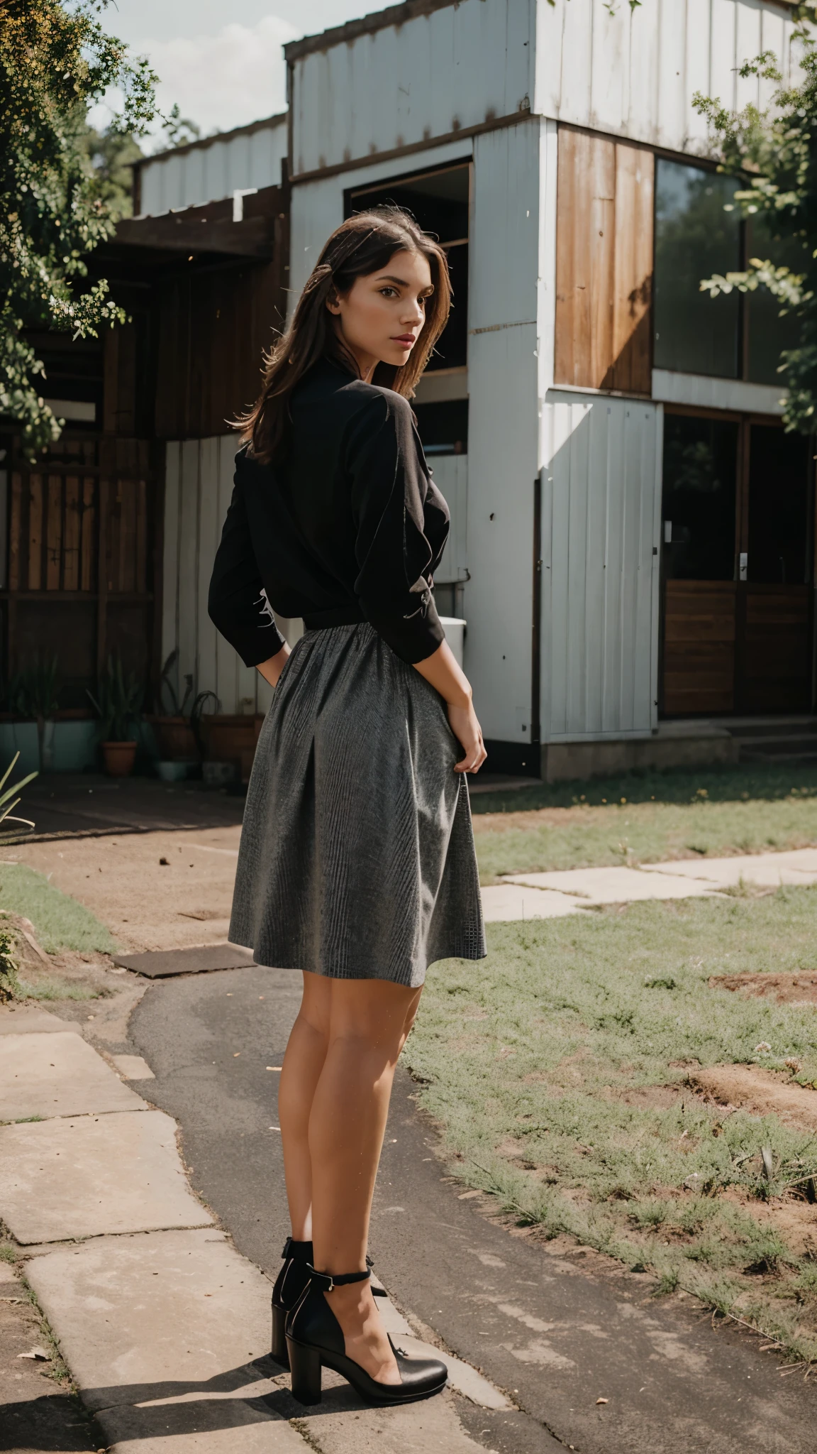 model, A modern woman from Paraná, with a style reflecting the blend of urban and rural life. She wears practical yet elegant clothes with influences from city and countryside life, in a setting highlighting regional diversity.