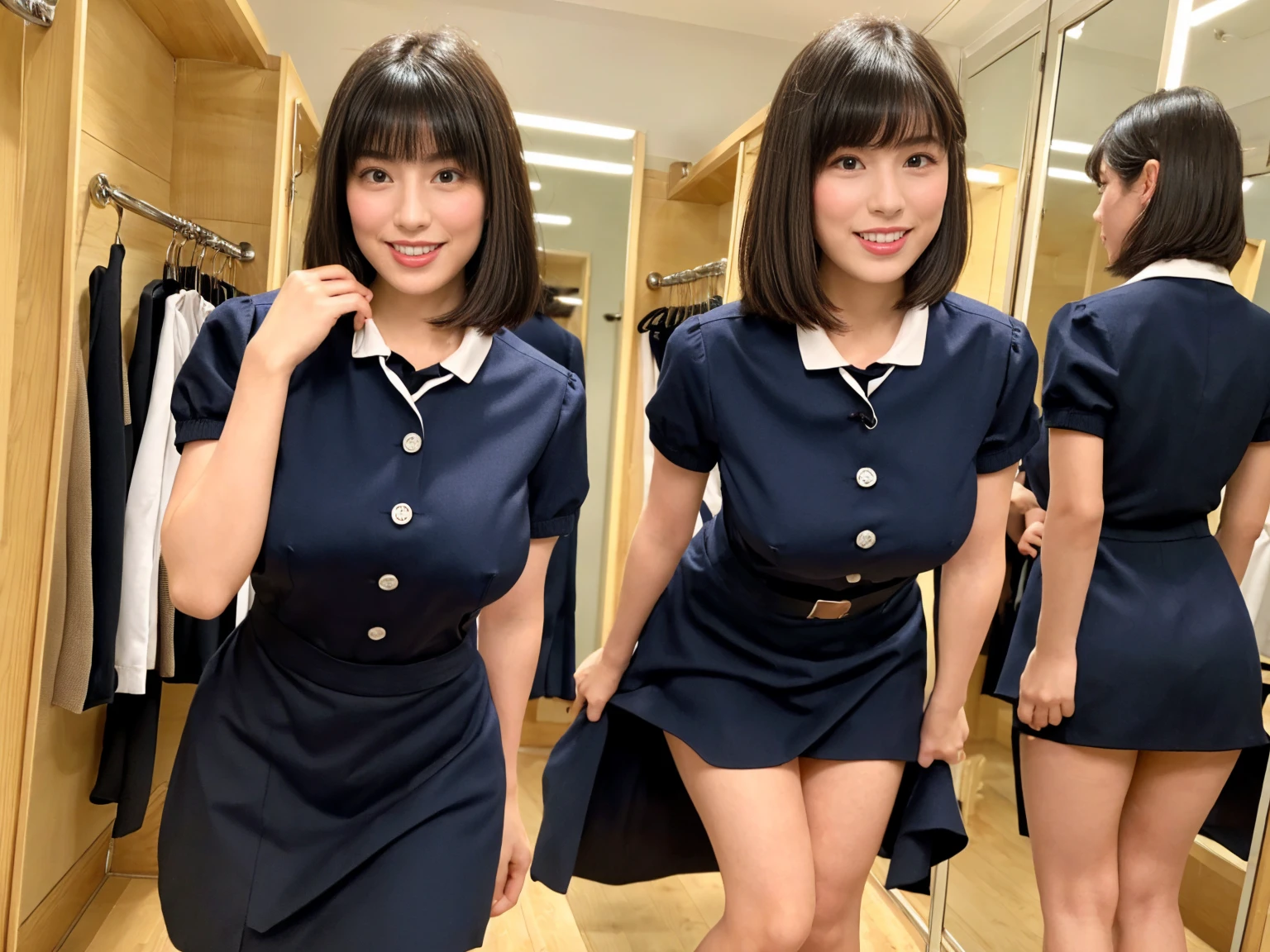 masterpiece, Highest quality, figure, Very detailed, The finer details, High resolution, 8k,wallpaper, Perfect dynamic composition,(Detailed high quality, Realistic depiction of eyes),(A tight-fitting waitress uniform with buttons on the collar and chest), Seraphim, Short Bob Hair, The background is an empty changing room, Deep in the field, Black hair color, Big Natural Color Lip, (Perfect figure), (smile)、Harajuku Style, Adorable expression、Expressions of happiness、Amazingly cute、Cute type、Beautiful feet, Idol Sculpture、(Changing clothes in the changing room:1.5)、(In the process of taking off clothes:1.5)、(Big Breasts)、(Erect nipples)