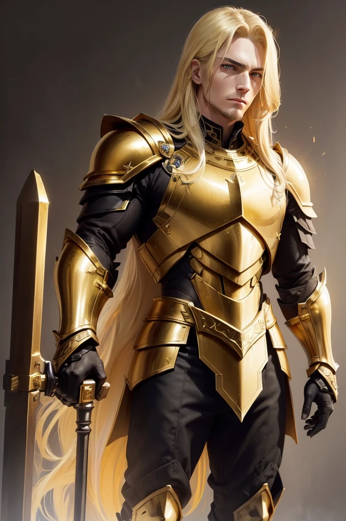 (((Artwork, best quality), 1 men, standing alone, strong with gold and black armor using medium hammer with gold notches, long blonde hair, Dark yellow eyes