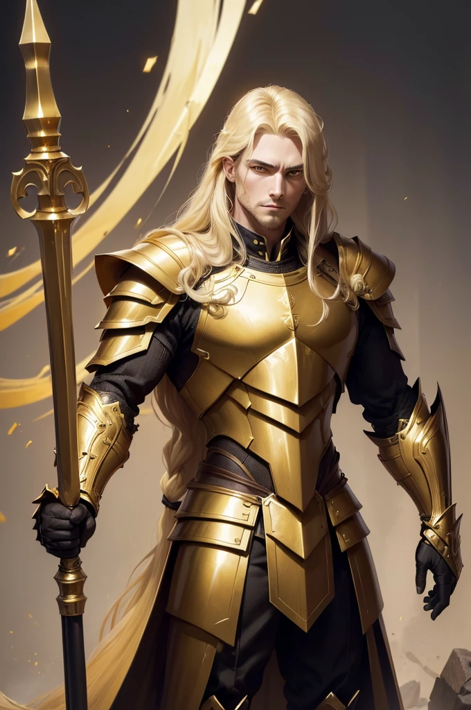 (((Artwork, best quality), 1 men, standing alone, strong with gold and black armor using medium hammer with gold notches, long blonde hair, Dark yellow eyes