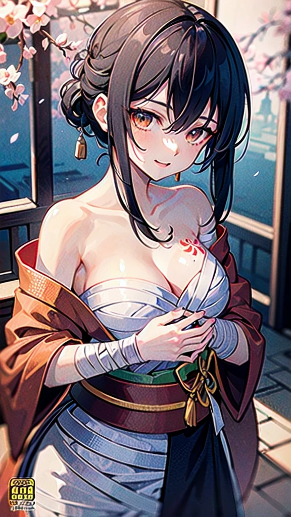 (((((roll up bandage sideways on a chest tightly to cover the chest without gaps))))), (((bandage samweways))),, ((Japanese Gangster BOSS)), adult woman with the dignified presence, Killing Qi, wear nothing around shoulder, wear nothing around neck, wear the kimono, wear it below the waist, (I wind it up to control it, and to attach it), ((kimono come off)) ,wear the kimono multiple times, Bare shoulders and the clavicle, black and gold kimono, put on over jacket of kimono, (holding a japanese sword which shine in purple, The handle of the sword is black, and the blade is gray, long sword), eye fire, low angle, whole body, anime character, Glaring, off sholder, nappropriate smile, Excellent, black blue hair, can see both shoulder, ((long kimono hem)), small face, ((some cherry blossam big tattoo on the arm)), ((background Japanese gate with circlr mark)),muscular,drink sake,fullmoon in the sky, The kimono is spreading,(((ultra-detailed))),super beautiful,Masterpiece,Killing Qi,Intimidation,zoom up, a person,Selfish person,in japanese veranda