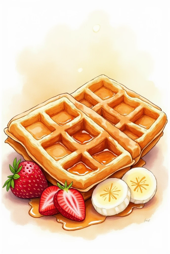 Watercolor image of two square waffles cut into 4 parts each and spread them with maple syrup, a strawberry cut into slices and six slices of banana, that it is more waffle than fruit