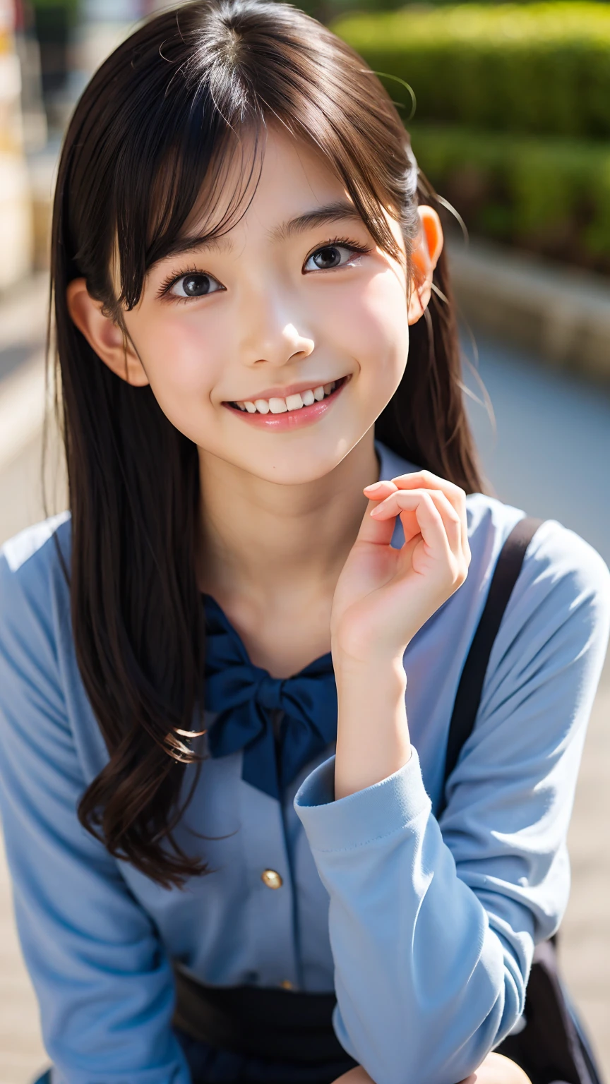 (Beautiful 14 year old Japan woman), Cute Face, (Deeply chiseled face:0.7), (freckles:0.6), Soft Light,Healthy white skin, shy, (Serious face), (Sparkling eyes), thin, smile, uniform