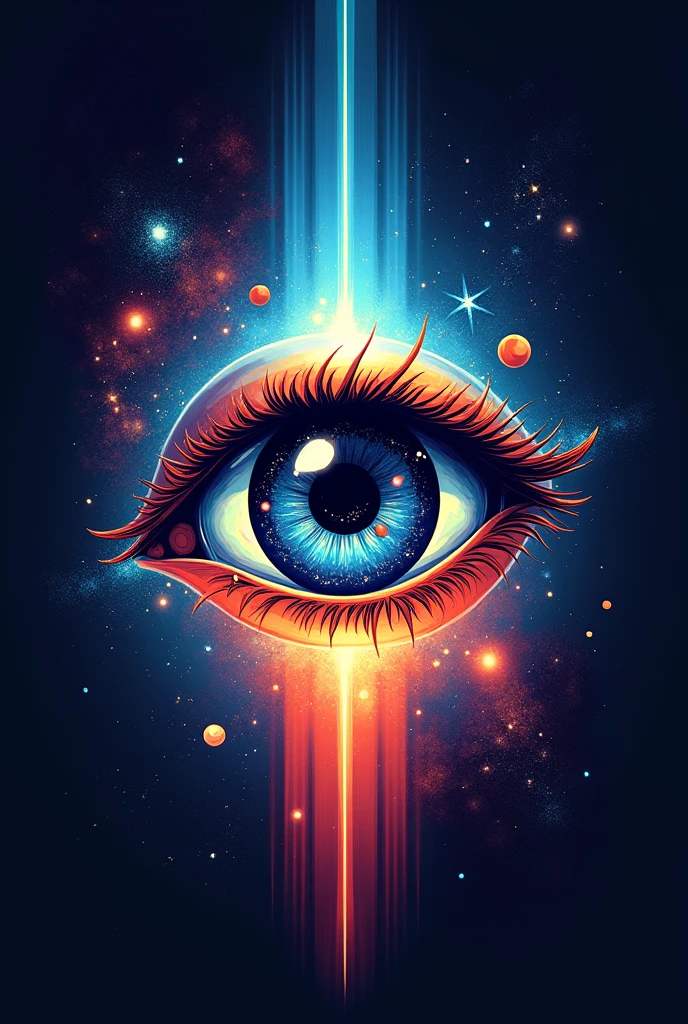 Description: A stylized eye, with a pupil that transforms into a universe full of stars, planets and nebulae. Around the eye, rays of light in different colors symbolizing the search for knowledge and the revelation of mysteries.
Characteristics: Mixes the classic symbol of knowledge with the vastness of the universe, conveying the idea of a constant search for new discoveries.