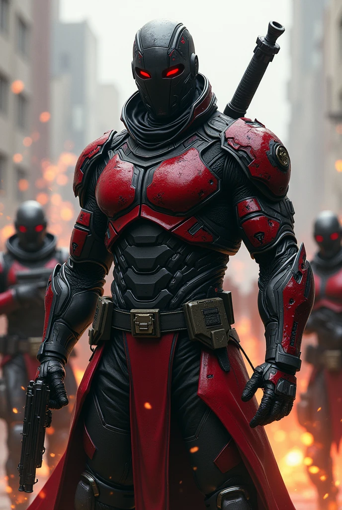 Suit with mask and a combination of the colors c red, black and grey with swords, pistols, mercenaries 