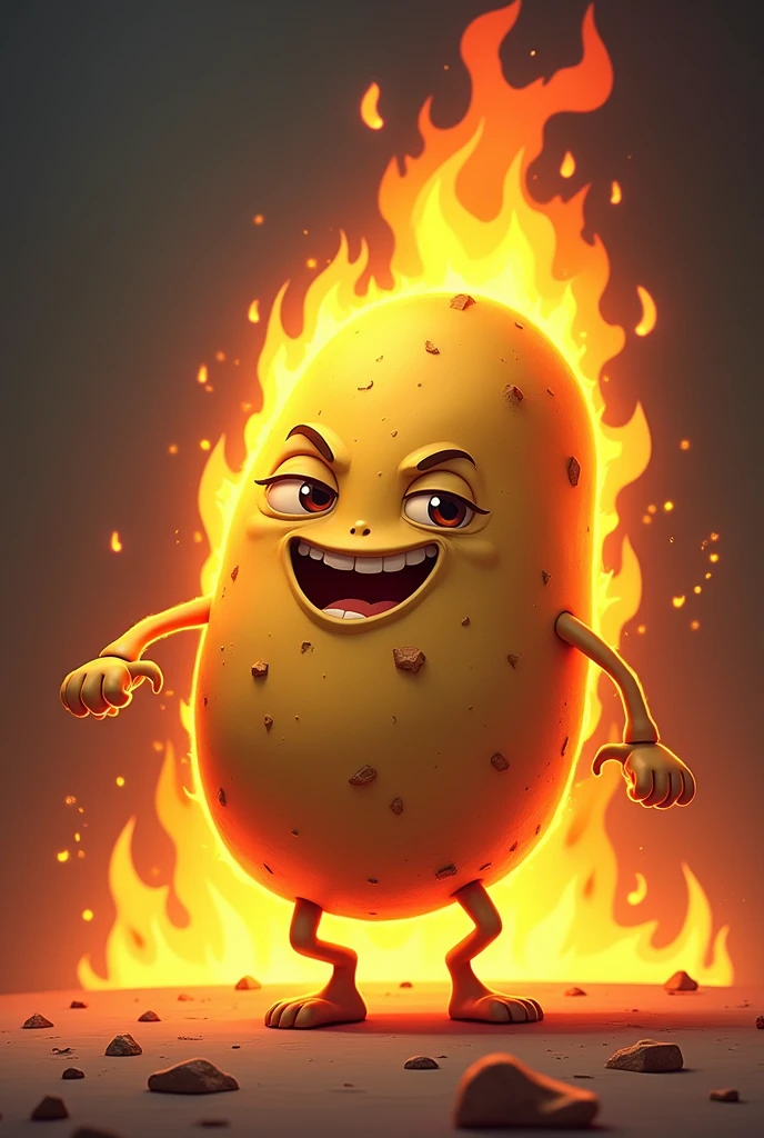 An animated potato on fire