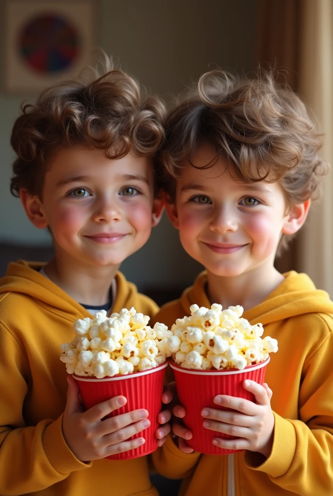 two twin brothers with brown hair and brown eyes , with sweet popcorn in their hands