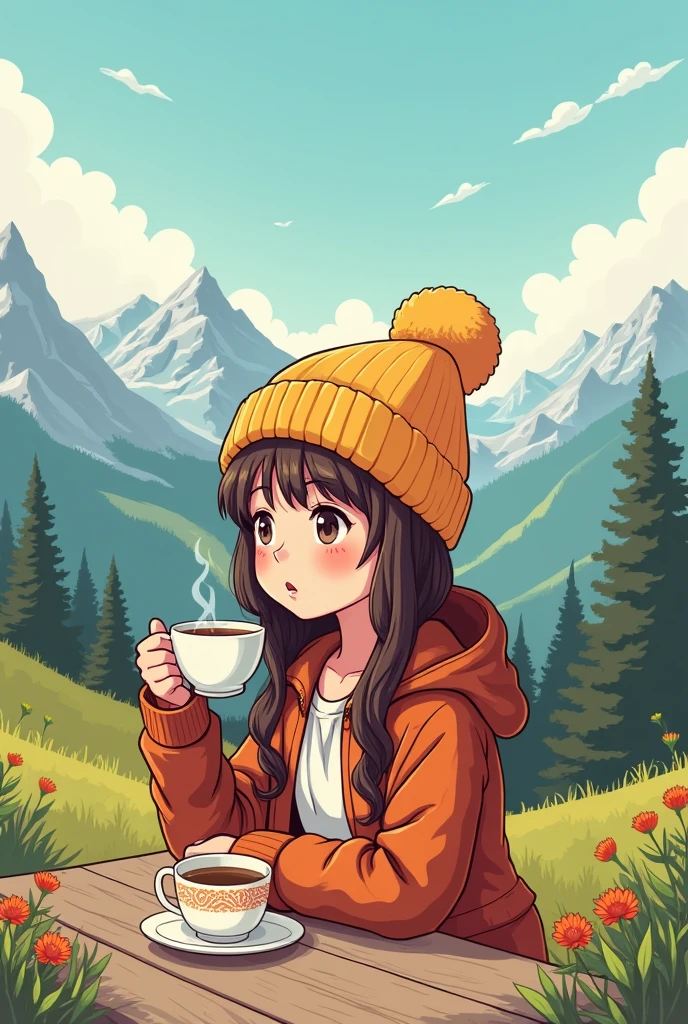 Alps beatiful girl drinking tea outdoors cartoon, stylish, no outlines,