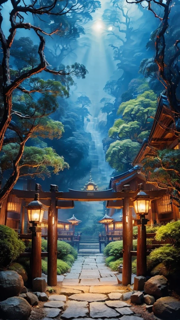 "Create a fantastical and harmonious image that symbolizes family safety and magical protection. The scene should feature a traditional Japanese home surrounded by a mystical forest, with ethereal light filtering through enchanted trees. Include a shimmering, magical barrier that surrounds the home, symbolizing protection, and a small, elegant Shinto shrine or kamidana with a glowing, enchanted talisman. The house should emit a soft, magical glow, and floating orbs of light should hover around, representing protective spirits. Add elements like fantastical flowers and protective mythical creatures, ensuring the overall atmosphere is filled with harmony, magic, and safety."