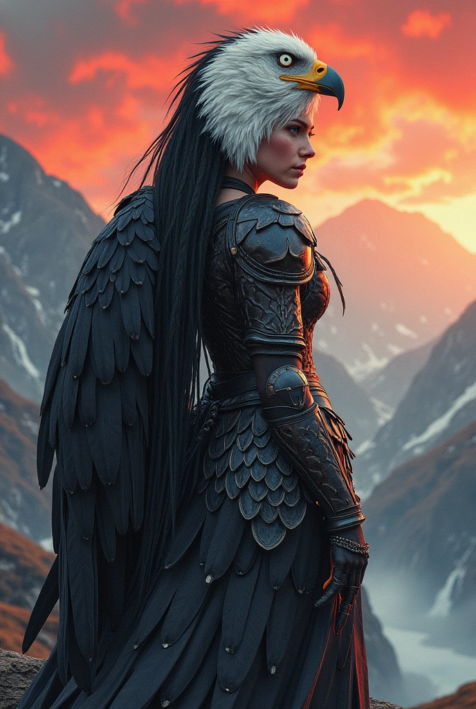 white head black eagle, woman wearing eagle feathers, metallic feathers, armor, full body, muscular girl, intricate art masterpiece, sinister matte painting, movie poster, golden ratio, trending on cgsociety, intricate epic trending on artstation by artgerm h. r. giger and beksinski, highly detailed, vibrant, representation of production movie characters, ultra high quality model, beautiful full body girl accompanied by eagle, she is in the high mountains, waterfall, red clouds at sunset, watercolor style, very long and braided black hair, girl on the mountain behind the distant valley,