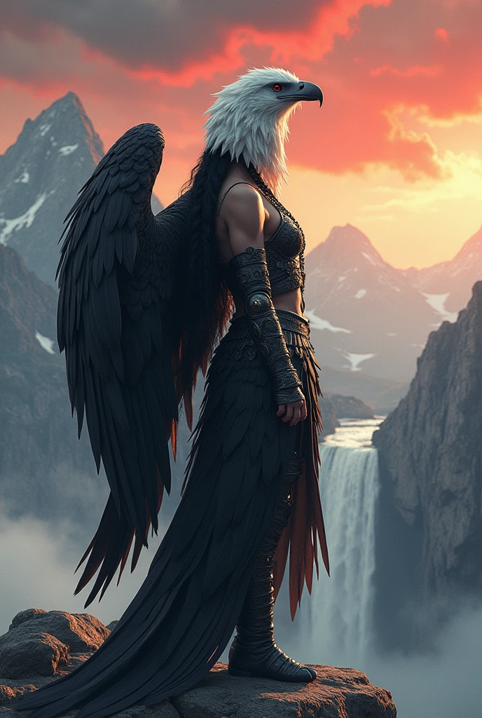 white head black eagle, woman wearing eagle feathers, metallic feathers, armor, full body, muscular girl, intricate art masterpiece, sinister matte painting, movie poster, golden ratio, trending on cgsociety, intricate epic trending on artstation by artgerm h. r. giger and beksinski, highly detailed, vibrant, representation of production movie characters, ultra high quality model, beautiful full body girl accompanied by eagle, she is in the high mountains, waterfall, red clouds at sunset, watercolor style, very long and braided black hair, girl on the mountain behind the distant valley,