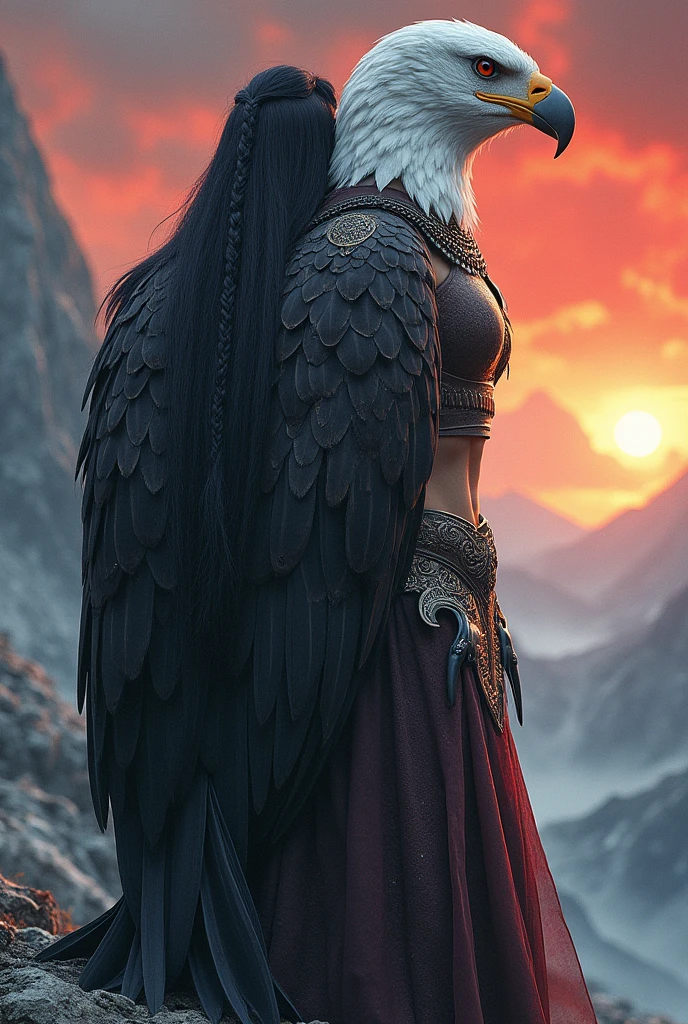 white head black eagle, woman wearing eagle feathers, metallic feathers, armor, full body, muscular girl, intricate art masterpiece, sinister matte painting, movie poster, golden ratio, trending on cgsociety, intricate epic trending on artstation by artgerm h. r. giger and beksinski, highly detailed, vibrant, representation of production movie characters, ultra high quality model, beautiful full body girl accompanied by eagle, she is in the high mountains, waterfall, red clouds at sunset, watercolor style, very long and braided black hair, girl on the mountain behind the distant valley,