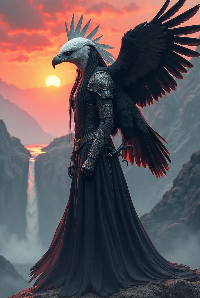 white head black eagle, woman wearing eagle feathers, metallic feathers, armor, full body, muscular girl, intricate art masterpiece, sinister matte painting, movie poster, golden ratio, trending on cgsociety, intricate epic trending on artstation by artgerm h. r. giger and beksinski, highly detailed, vibrant, representation of production movie characters, ultra high quality model, beautiful full body girl accompanied by eagle, she is in the high mountains, waterfall, red clouds at sunset, watercolor style, very long and braided black hair, girl on the mountain behind the distant valley,