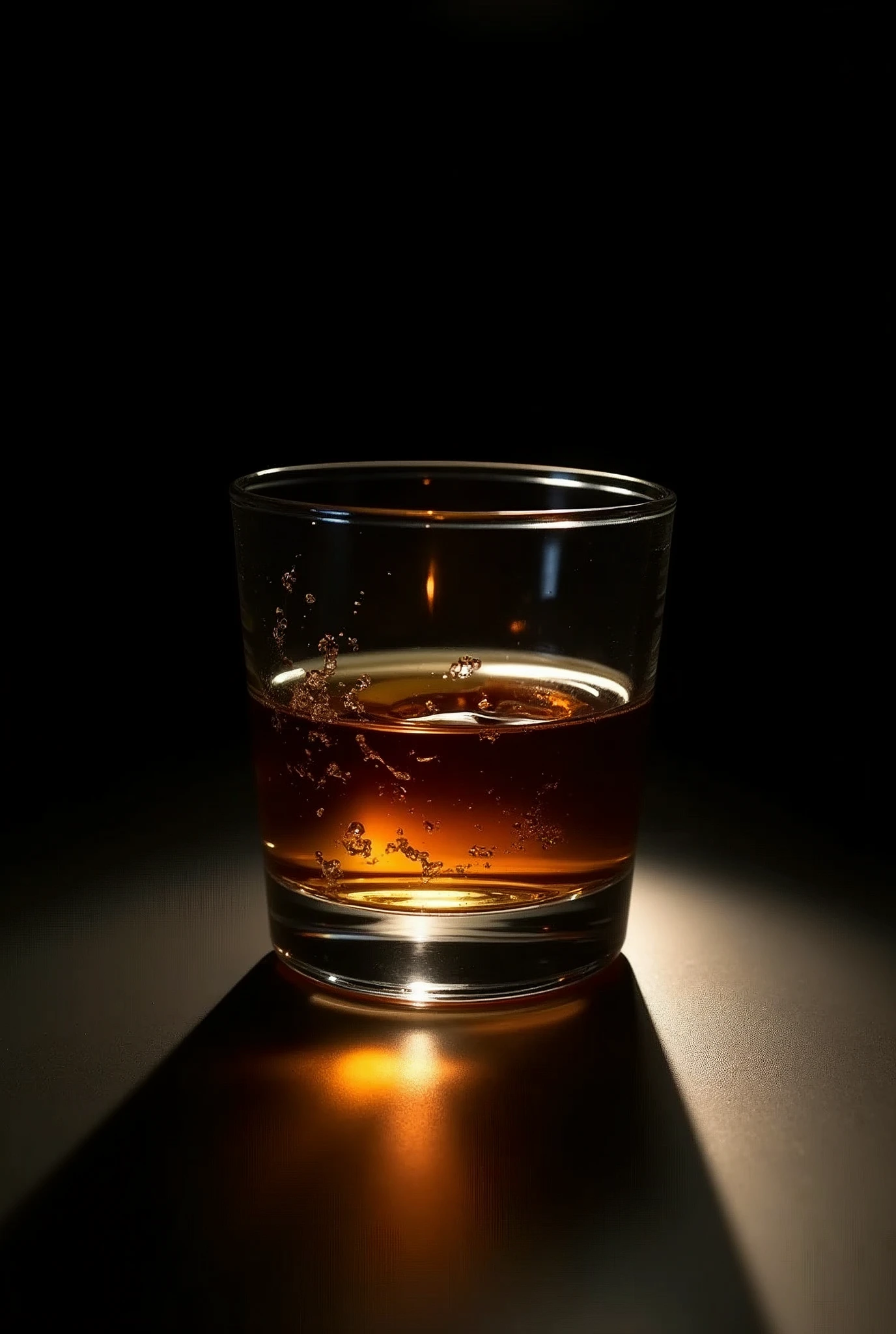 Short glass of wiskey with black background  shadows and shine
