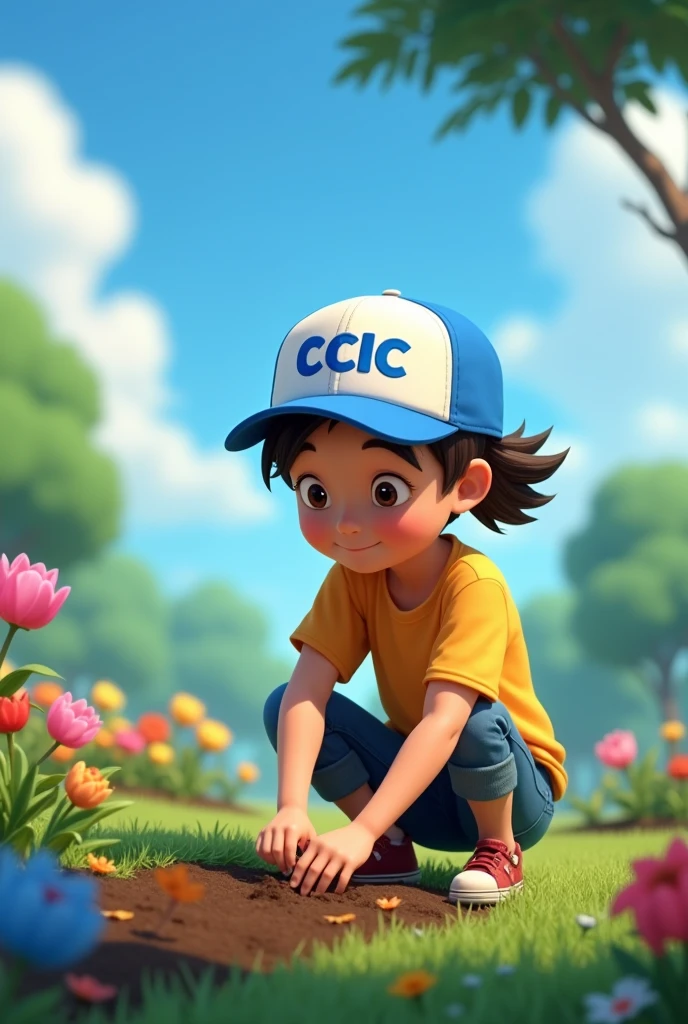 You can make an animation, like a teenager who has the CCIC logo with a CCIC cap but the cap has blue letters and the colors blue, green and white so that he looks careful in the gardens, that he comes out crouching planting several flowers to place in an advertising art, This is perfect but can you make the logo like this?: CCIC