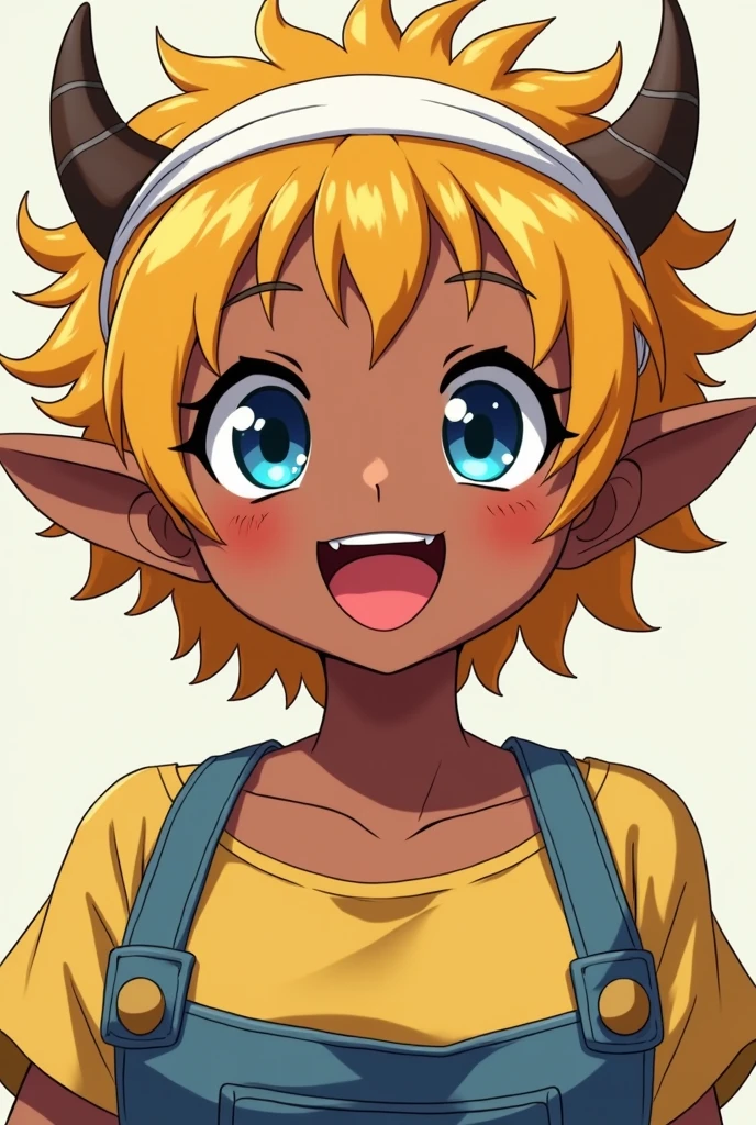 anime style girl, Dark skin, bull horns, short yellow hair, fringe, white headband, blue eyes, farmer clothes, smiling, big breasts