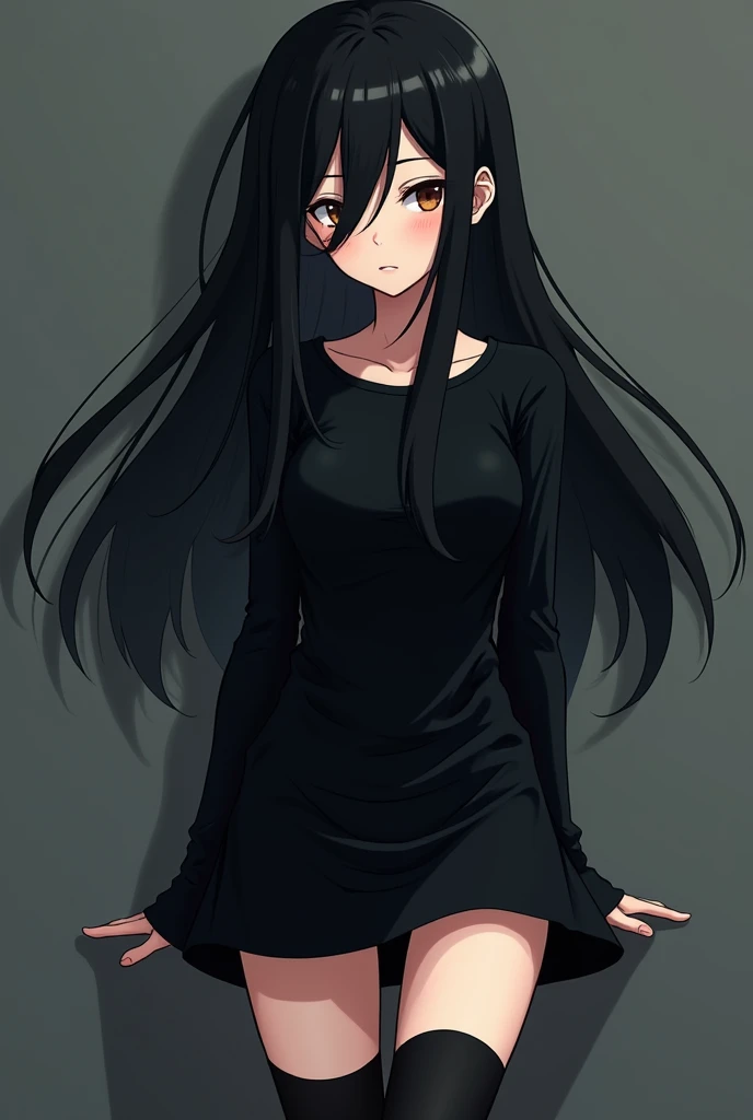 flat color, high contrast, ultra detalisation, 1 woman, perfect body, long black hair, grey eyes, big hips, minidress, abstract background, high res, ultrasharp, 8K, masterpiece