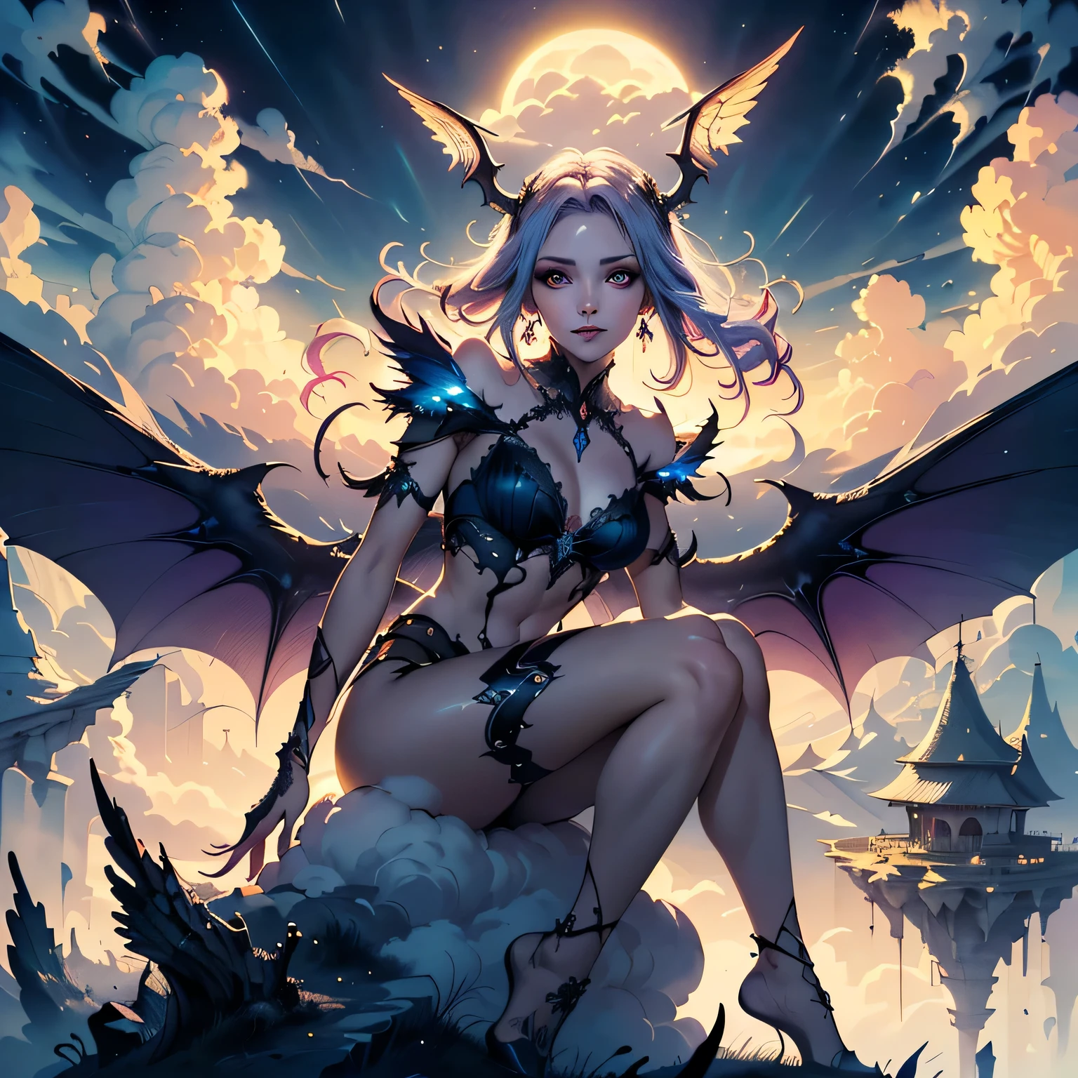 ((best quality)), ((masterpiece)), (detailed), alluring succubus, ethereal beauty, perched on a cloud, (fantasy illustration:1.3), enchanting gaze, captivating pose, delicate wings, symmetrical wings, otherworldly charm, mystical sky, (Luis Royo:1.2), (Yoshitaka Amano:1.1), moonlit night, warm colors, colorful, (detailed cloudscape:1.3), (high-resolution:1.2), (front view)