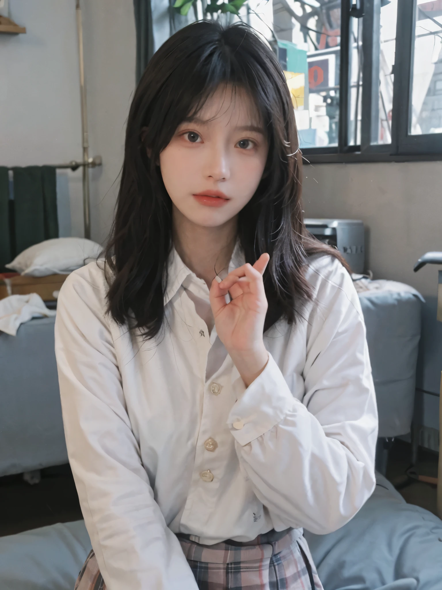 Best quality,Ultra-high resolution,(Realism:1.4),1 girl,Pink long hair,A pair of clear and moving eyes,Royal sister,Snow-white school uniform,Sparkling eyes