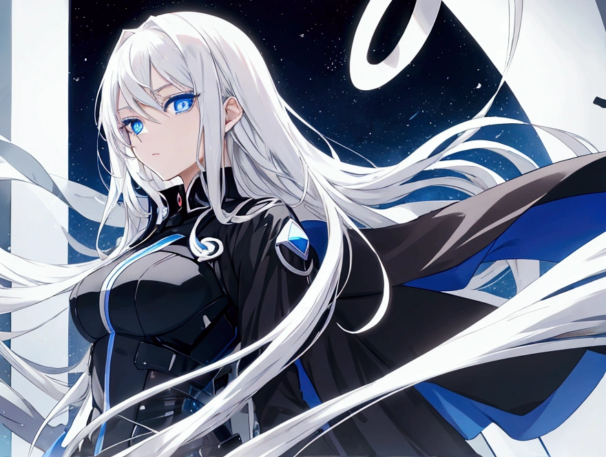 An anime dark girl, Beautiful eyes, white hair, Blue eyes, his eyes are serene, beautiful eyes, black hair, blue eyes, scene futuristic, in a secret organization outfit,