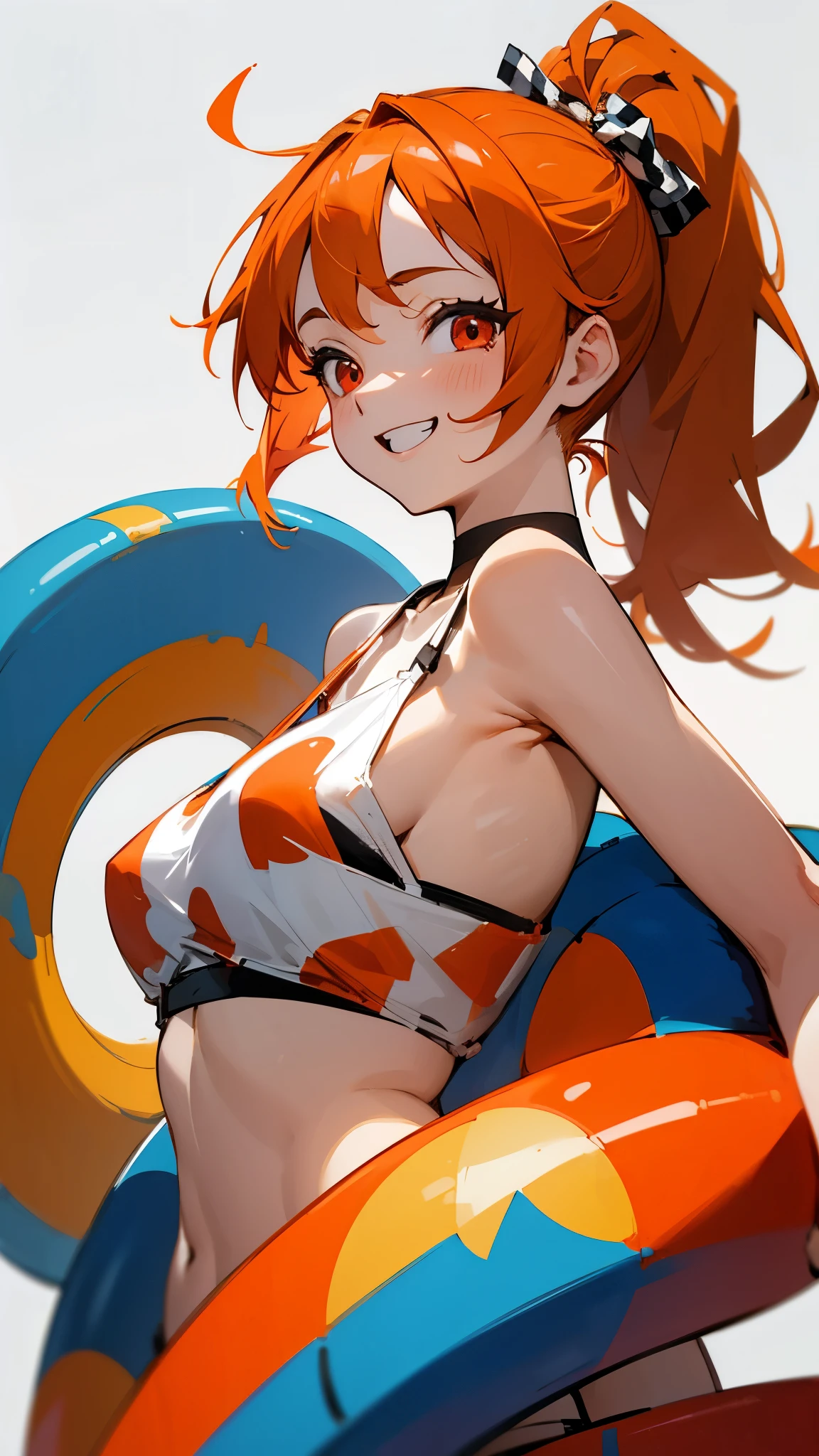 1 girl、anime painting、Orange Hair、Beautiful red eyes、Side Ponytail、Vibrant colors、black and white tube top bra、Gingham check tube top bra、My chest is a little visible、Grin、Open your mouth、From the side、Upper body close-up