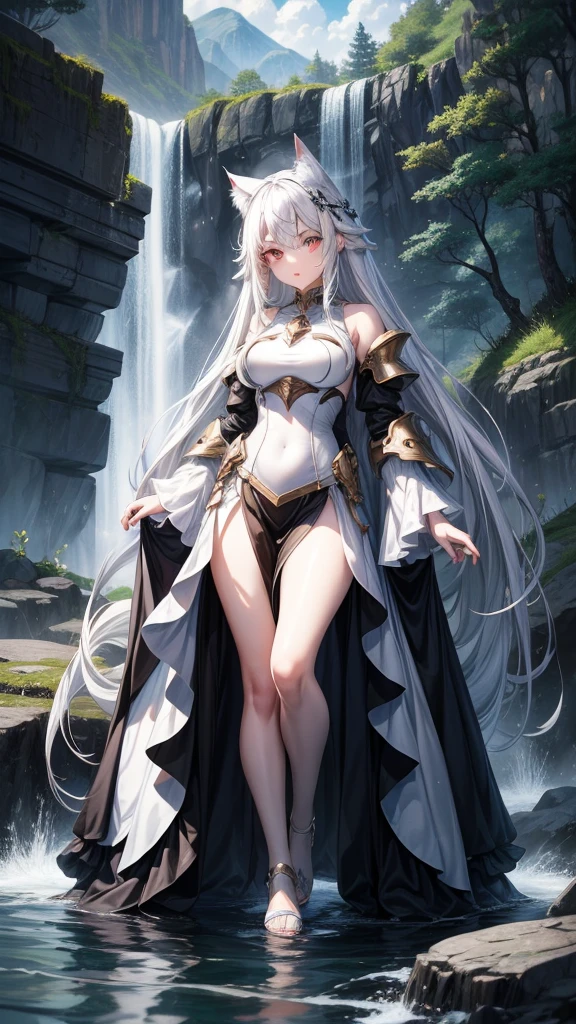 アニメ,  girl, {face perfect}, {long white hair}, {[dark red eyes]}, {asymmetrical eyes}, {perfect nose}, {visible lips}, {full body 5.0}, {silver armor 1.6 complete}, {in a waterfall}

{8k image}, {128k ultra resolution}, {ultra quality 128k}, {128k high quality sharpness}
