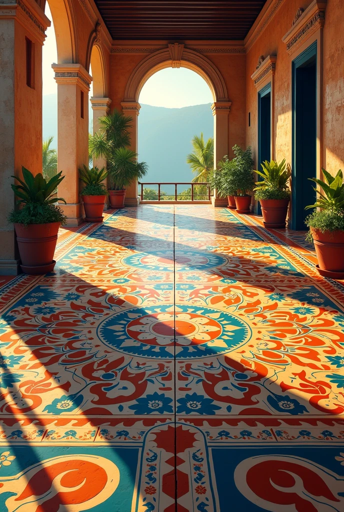 I need an illustration of a colorful ceramic floor with pre-Columbian illustrations from Colombia
