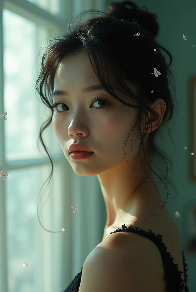 editorial photography,super detailed background,Super realistic,double exposure,depth of field,beauty super slender skinny vibes,soft focus tone,narrative scene,open lips,portrait photo,Long slender neck, narrow shoulders,Selfie with automatic shutter camera,