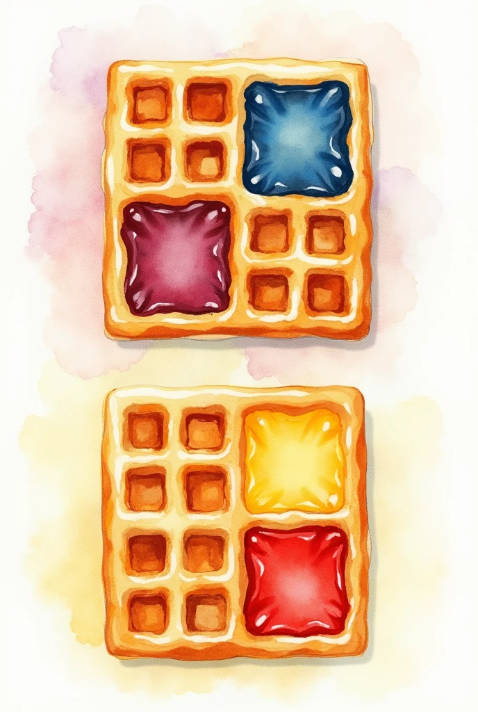 Watercolor image of two square waffles split into 4