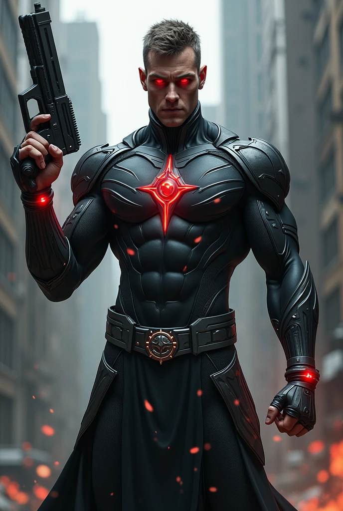 Create a male superhero, with magical bracelets capable of creating firearms, with black and gray details and red eyes