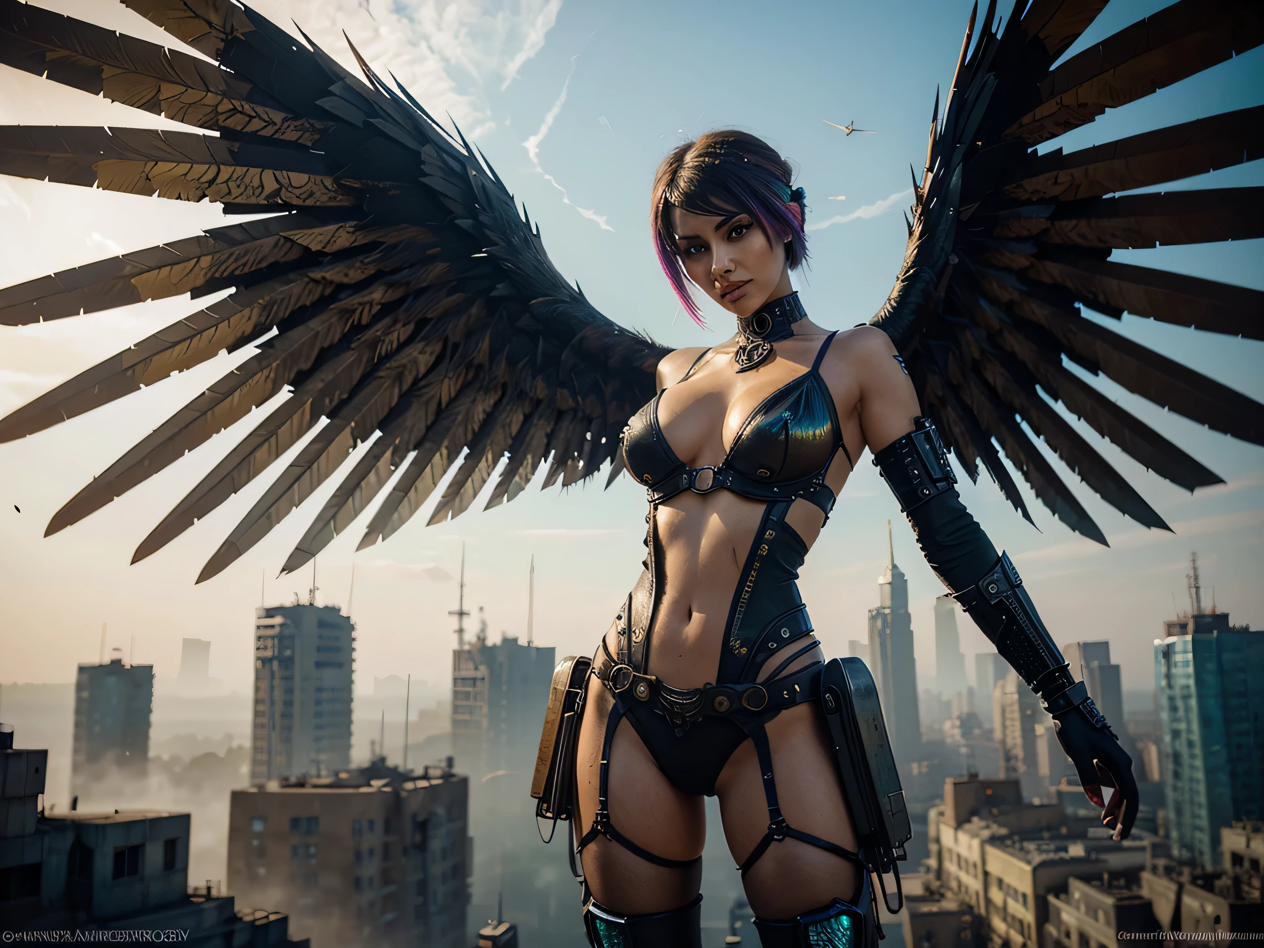 In a world of gears and glitches, a dieselpunk harpy with glitchy wings and cybernetic enhancements strikes a fierce pose in a watercolor painting. The image, rendered in rich, vivid colors, captures the harpy's intricate metallic feathers shimmering with intricate patterns. The background is a blend of urban decay and technological innovation, creating a stunning contrast that mesmerizes the viewer. The blending of colors and attention to detail make this painting a true masterpiece of the dieselpunk genre, showcasing the artist's creativity and skill.