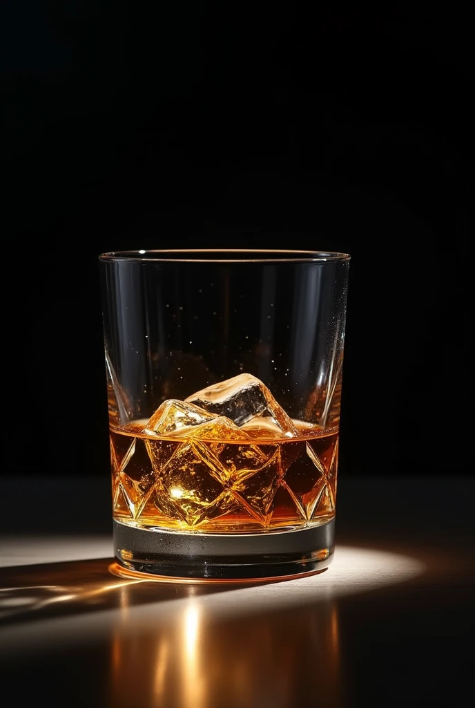 Short glass with many details of wiskey with black background shadows and shine