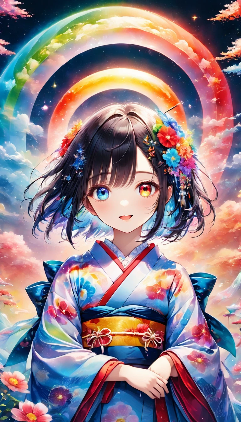 (((masterpiece))), (((Highest quality)))(, (Ultra-detailed)), A fusion of watercolor and oil painting, Psychedelic world, Commemorative photo, Japanese Kimono,cute, beautiful girl, Lolita, -yeld gi 1 cute girl, (Look forward), (Looking at this), (Very delicate and beautiful face), (Beautiful eyes in every detail), ((((Heterochromia Iridum - Red and Blue Eye Color))))、Through the bangs,Black Hair,Bob ,Beautiful attention to detail, Beautiful lip detail, Highly detailed face, Attractive eyes, Long eyelashes, smile, Open your mouth a little, One Girl, Digital Art, pastel colour, ((Use the rainbow as your main color)),Vibrant colors,fantasy art pieces,dream-like,Mythical fantasy with rainbow accents,Fairytale Fantasy, (((Translucent rainbow))),Subtle iridescent details,Gives off an aura of magic,Exquisite detail,Character clothing should be designed in kimono, Heavenly, Flowers,Soft lighting, Cinematic, romantic, baby dollming above the chest, Colorful gel background, Fractal Floral Background, Sparkling, Perfect lighting, Sharp focus, High resolution, High resolution,High color rendering, High resolution
