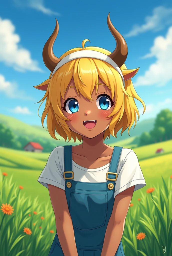 anime style girl, Dark skin, bull horns, short yellow hair, fringe, white headband, blue eyes, farmer clothes, smiling, working in the field