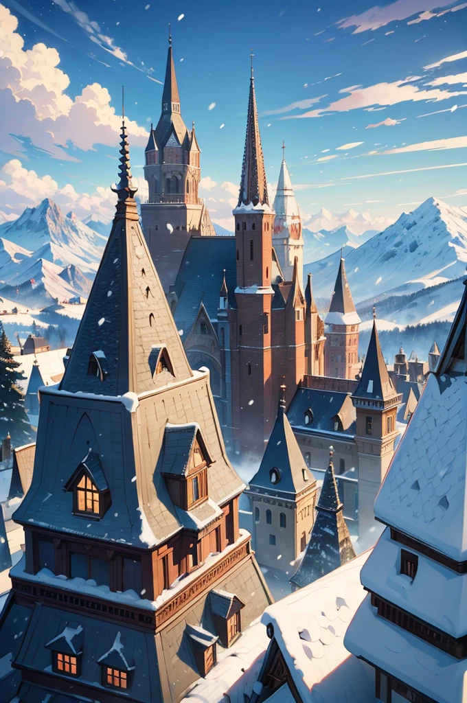 an image of a city, small town, fairy tale style, anime styling, over the horizon, snow mountains, detailed scenery, sky in high quality, 8k, and high resolution 16k image, highy detailed, best qualityer,