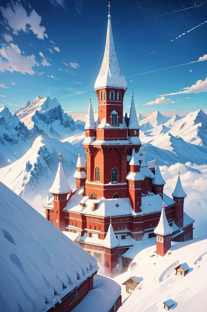 an image of a city, small town, fairy tale style, anime styling, over the horizon, snow mountains, detailed scenery, sky in high quality, 8k, and high resolution 16k image, highy detailed, best qualityer,