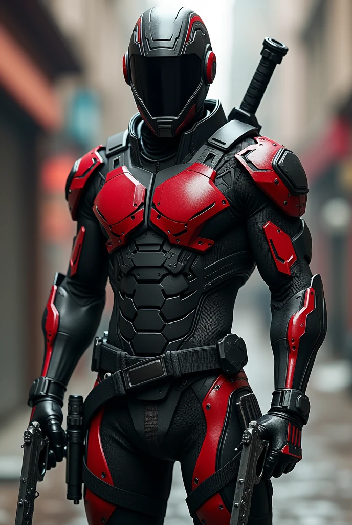 Suit with mask and a combination of the colors c red, black and grey with 2 swords, guns on the waist, tactical mode for hand-to-hand combat 