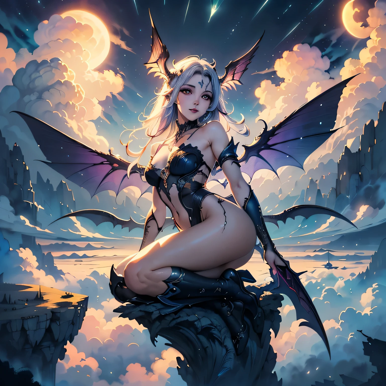 ((best quality)), ((masterpiece)), (detailed), alluring succubus, ethereal beauty, perched on a cloud, (fantasy illustration:1.3), enchanting gaze, captivating pose, delicate wings, symmetrical wings, otherworldly charm, mystical sky, (Luis Royo:1.2), (Yoshitaka Amano:1.1), moonlit night, warm colors, colorful, (detailed cloudscape:1.3), (high-resolution:1.2), (front view)