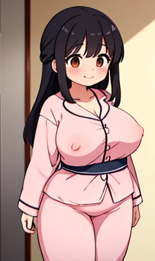 (((Highest quality))),4K ,Japanese women,14-year-old face,iris,Brown eyes,Black Hair,bangs,Tie your hair up in a towel,Fat muscle,(Pink pajamas),Big Breasts,Small nipples,Very good,plump belly,Thighs,smile,Angle from the front,Stand upright,