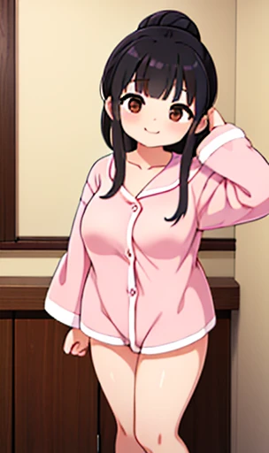 (((Highest quality))),4K ,Japanese women, face,iris,Brown eyes,Black Hair,bangs,Tie your hair up in a towel,Fat muscle,(Pink pajamas),Big Breasts,Small nipples,Very good,plump belly,Thighs,smile,Angle from the front,Stand upright,