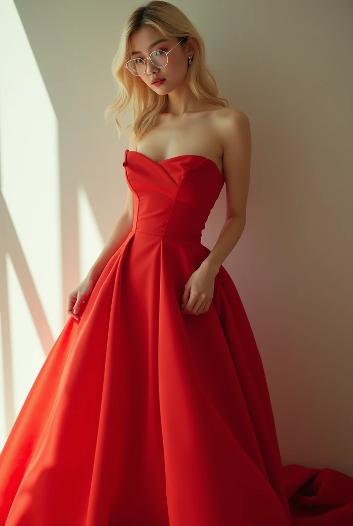 The full body of a blonde beautiful Korean girl with light hourglass shape wearing a hot red how gowm wearing specs with a little