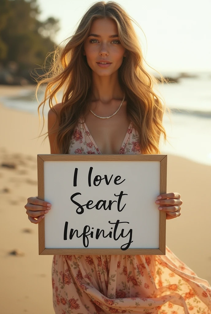 Beautiful girl with wavy long hair, bohemian dress, holding a white board with text "I Love Seaart Infinity" and showing it to the viewer