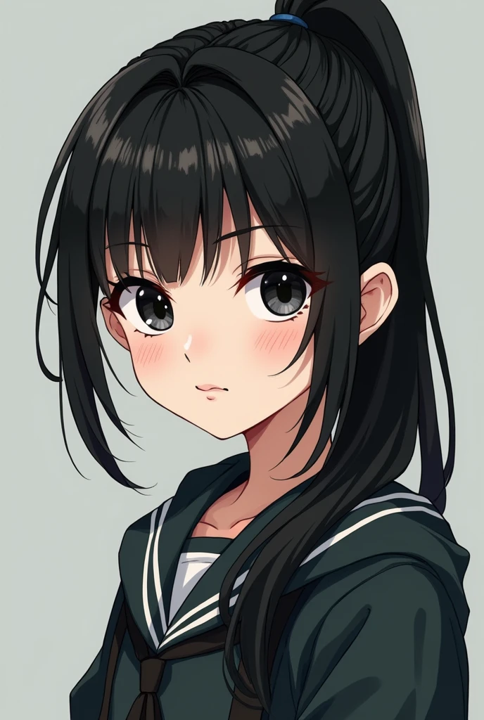 12 year old white girl with black hair with a ponytail with black eye color full body.