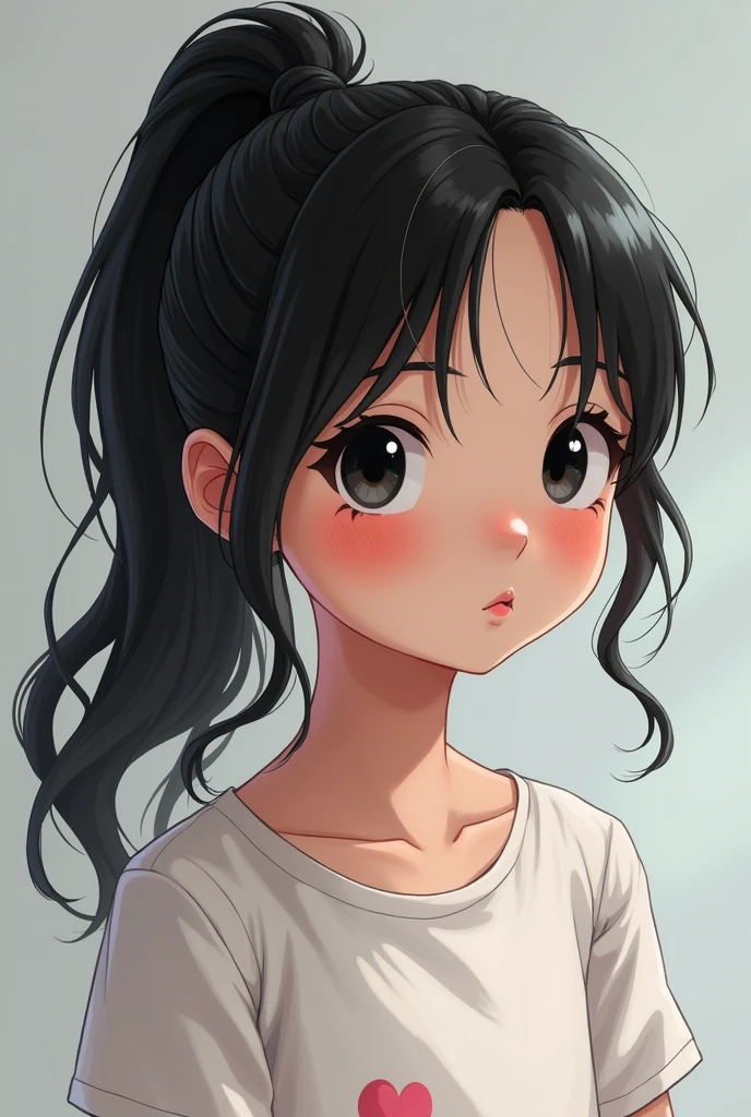 12 year old white girl with black hair with a ponytail with black eye color full body. 