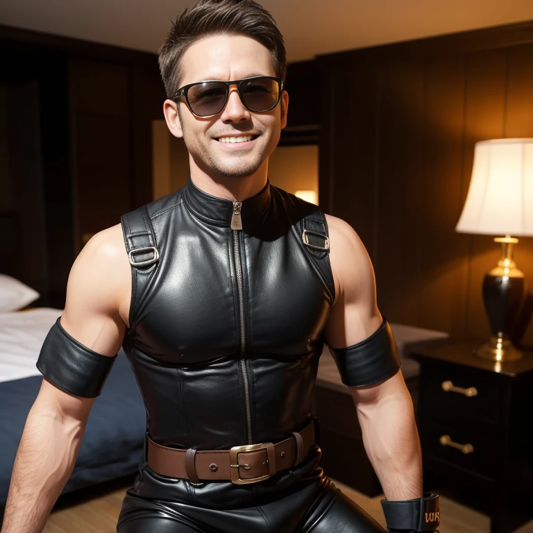 40 years old,One Man,、Black bodysuit、Shocker Belt、Black gloves、Bedroom、Kneel。The crotch area is bulging、 logic,Gay ,Brown Hair、Short cut。Very short hair、Handsome Fighter smile Close-up of face Black sunglasses