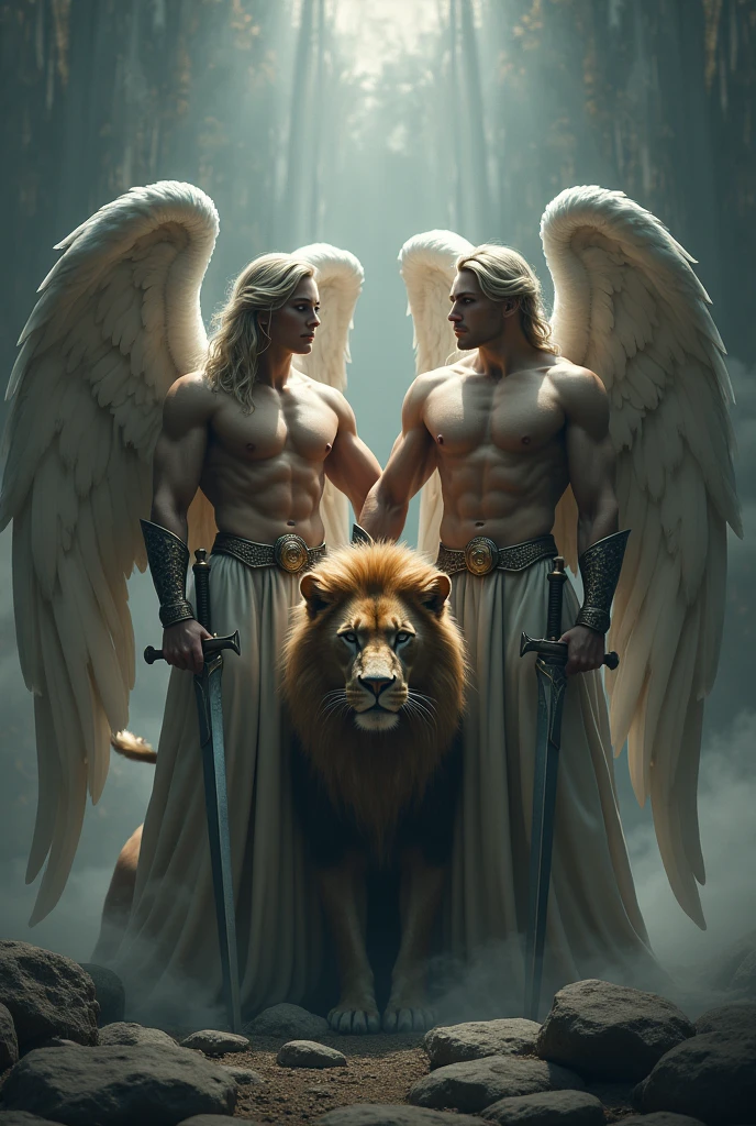 male angels holding sword and lion, 8 k quality, image a little dark