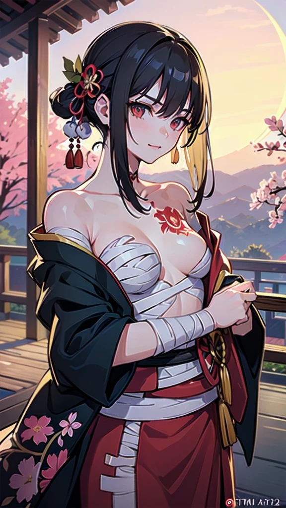 (((((roll up bandage sideways on a chest tightly to cover the chest without gaps))))), (((bandage samweways))),, ((Japanese Gangster BOSS)), adult woman with the dignified presence, Killing Qi, wear nothing around shoulder, wear nothing around neck, wear the kimono, wear it below the waist, (I wind it up to control it, and to attach it), ((kimono come off)) ,wear the kimono multiple times, Bare shoulders and the clavicle, black and gold kimono, put on over jacket of kimono, (holding a japanese sword which shine in purple, The handle of the sword is black, and the blade is gray, long sword), eye fire, low angle, whole body, anime character, Glaring, off sholder, nappropriate smile, Excellent, black blue hair, can see both shoulder, ((long kimono hem)), small face, ((some cherry blossam big tattoo on the arm)), ((background Japanese gate with circlr mark)),muscular,drink sake,fullmoon in the sky, The kimono is spreading,(((ultra-detailed))),super beautiful,Masterpiece,Killing Qi,Intimidation,zoom up, a person,Selfish person,in japanese veranda