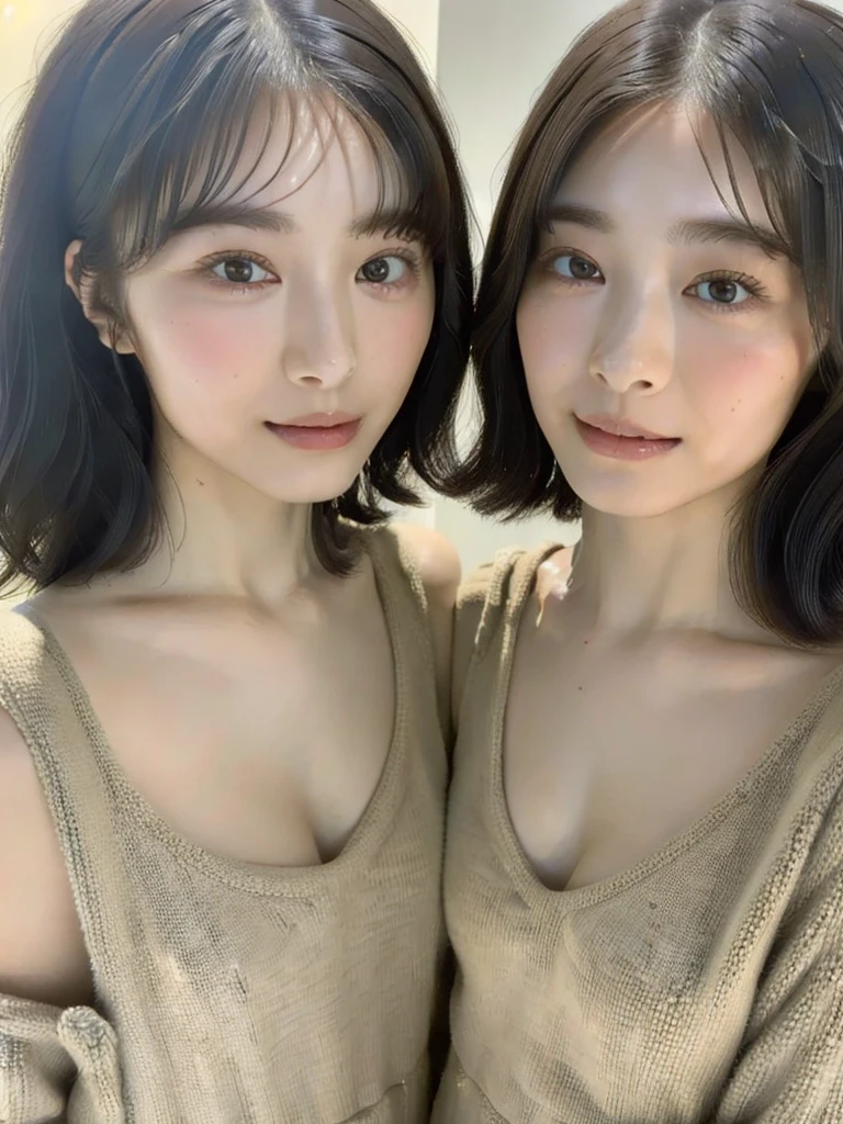 (masterpiece:1.3), (8K, Photoreal, Raw photo, best image quality: 1.4), Japanese high school girl、Similar identical twins、2 girls、(random hairstyle:1.2)、cleavage:1.2、super detail face、eye for details、double eyelid、chest to chest、sharp focus:1.2、Beautiful woman:1.4、light brown hair、highest quality、masterpiece、Super high resolution、(Photoreal:1.4)、Highly detailed and professionally lit smiles、loose and light knitwear, Two girls whose faces, figures, and standing positions are perfectly copied like the virtual image reflected in the mirror and the real image.,To her rightside there is a mirror in which she sees herself., all girls are exactly the same face