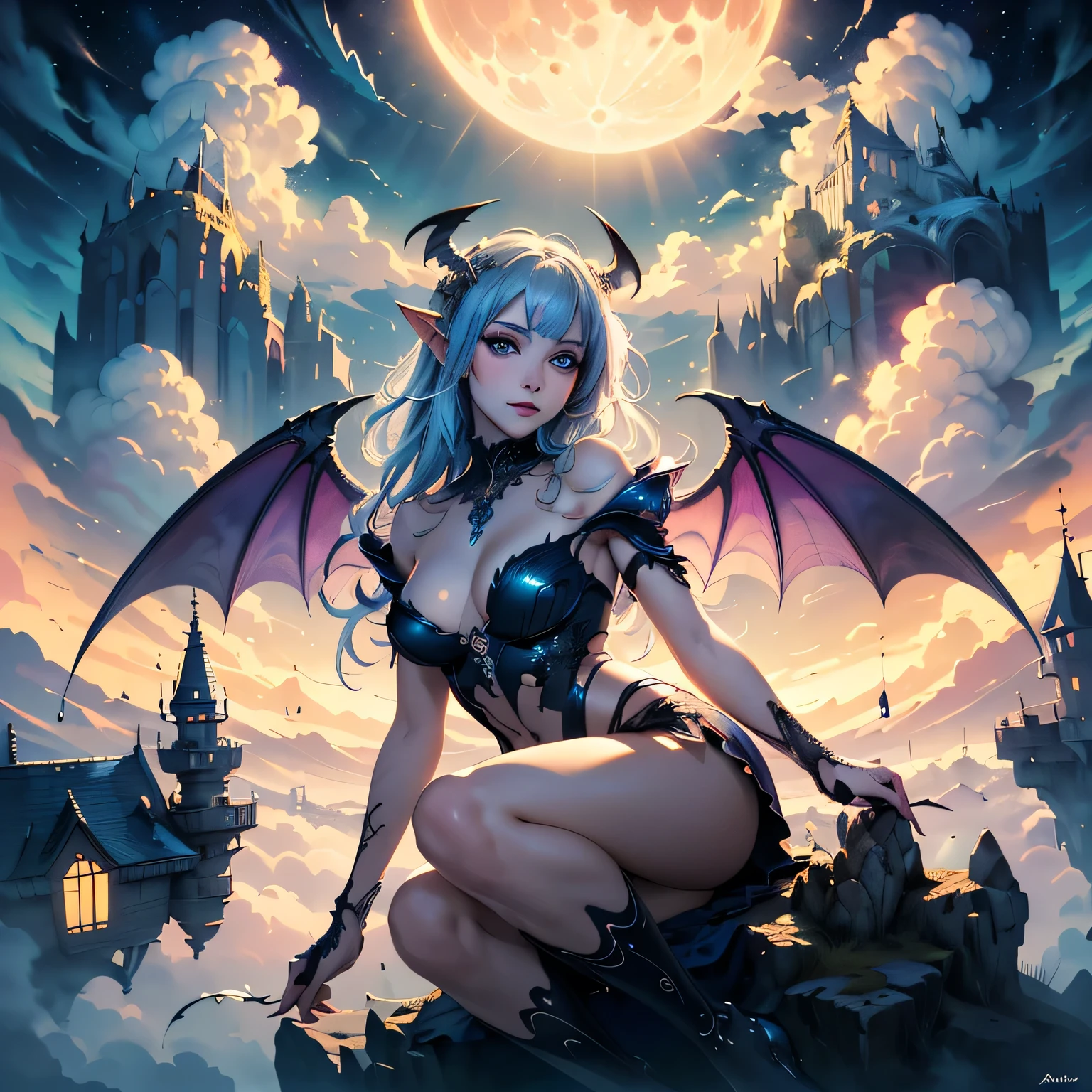 ((best quality)), ((masterpiece)), (detailed), alluring succubus, ethereal beauty, perched on a cloud, (fantasy illustration:1.3), enchanting gaze, captivating pose, delicate wings, symmetrical wings, otherworldly charm, mystical sky, (Luis Royo:1.2), (Yoshitaka Amano:1.1), moonlit night, warm colors, colorful, (detailed cloudscape:1.3), (high-resolution:1.2), (front view)